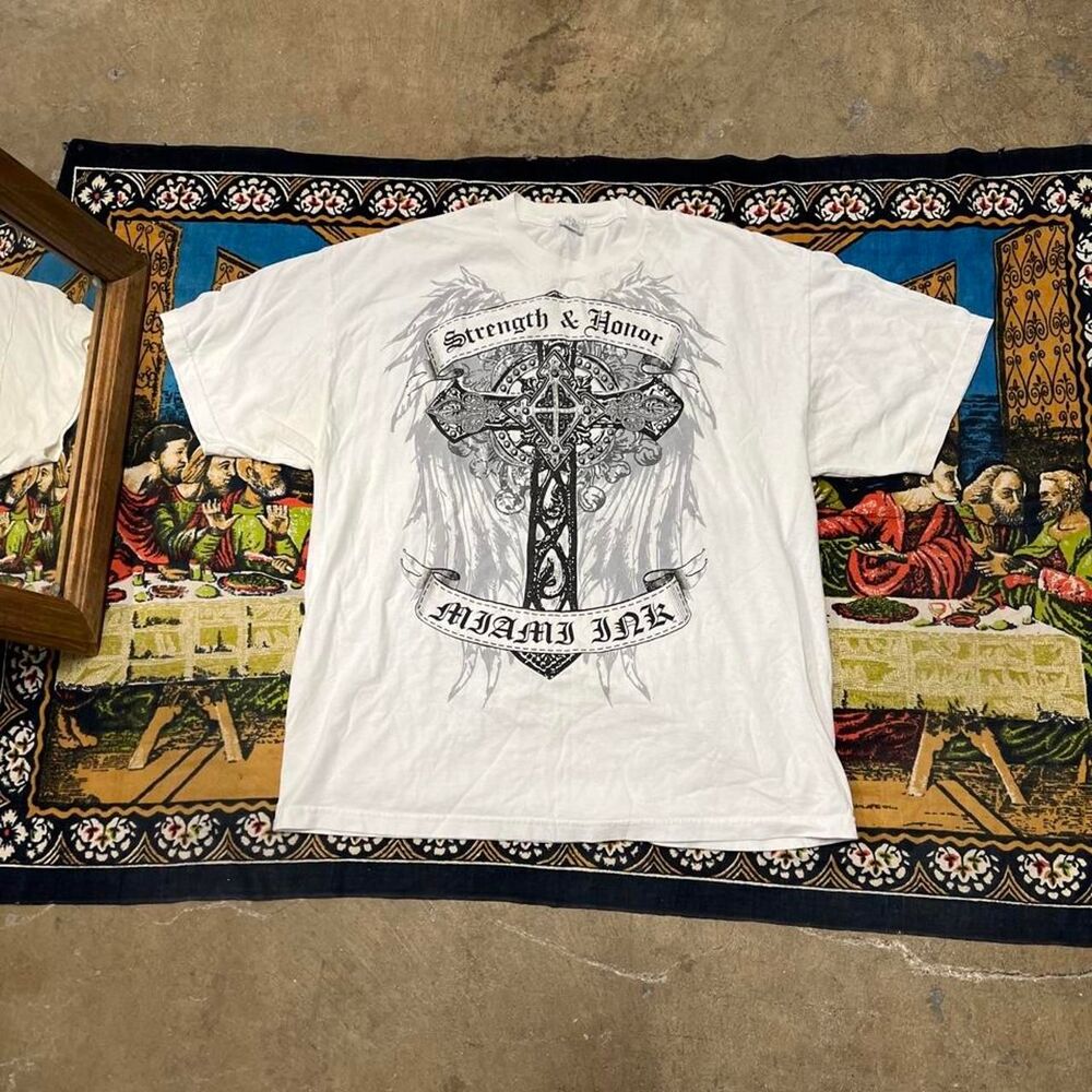Miami ink affliction tshirt size xl crosses wings gothic font white black y2k